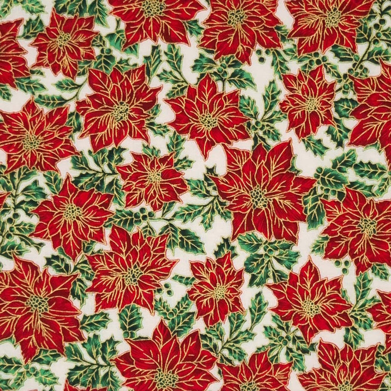 Red with a metallic gold edge Christmas poinsettia flowers and leaves are printed on an ivory 100% quality cotton fabric by Rose & Hubble.