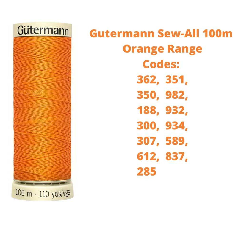 A reel of Gutermann sew-all thread with the codes of all Gutermann orange thread available in the listing