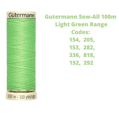 A reel of Gutermann sew-all thread with the codes of all Gutermann light green thread available in the listing