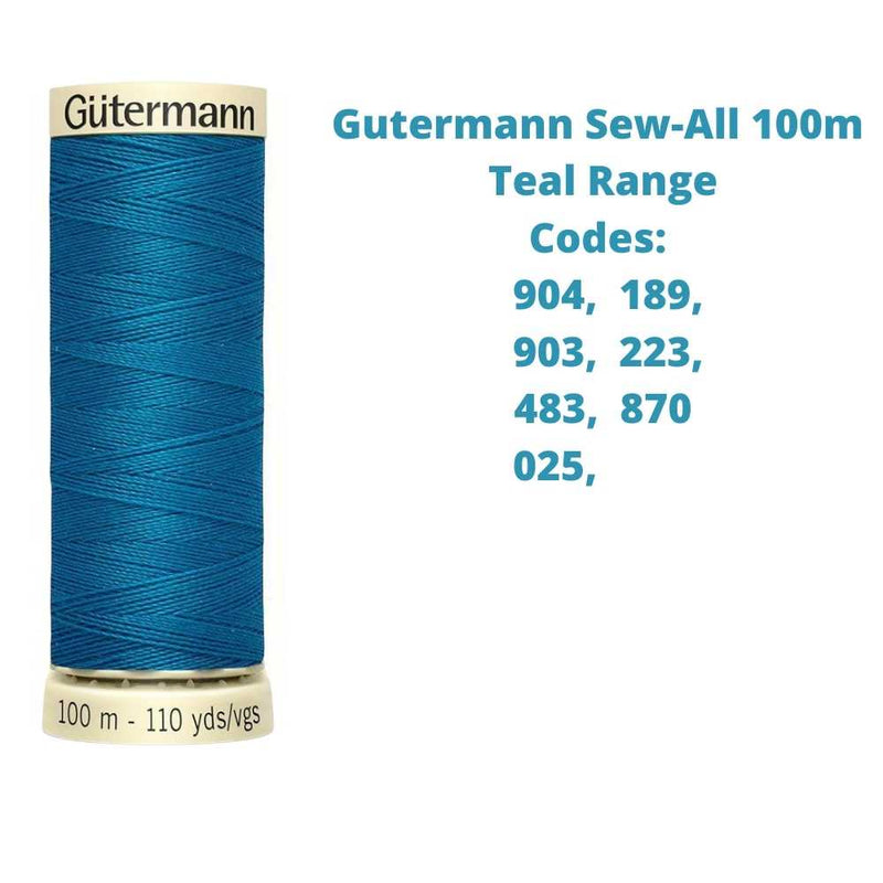 A reel of Gutermann sew-all thread with the codes of all Gutermann teal thread available in the listing
