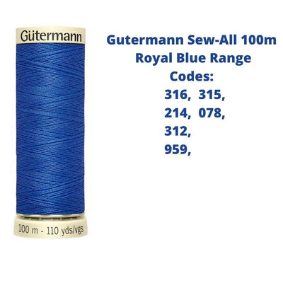 A reel of Gutermann sew-all thread with the codes of all Gutermann royal blue thread available in the listing