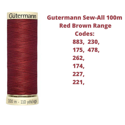 A reel of Gutermann sew-all thread with the codes of all Gutermann red/brown thread available in the listing