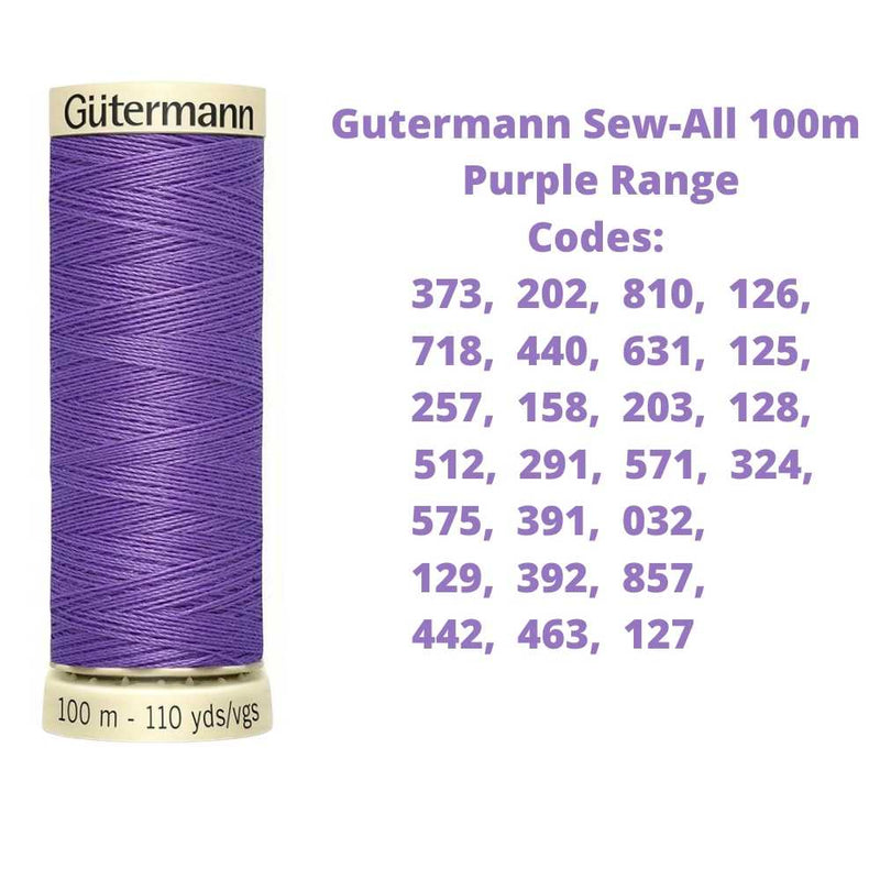 A reel of Gutermann sew-all thread with the codes of all Gutermann purple thread available in the listing
