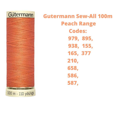 A reel of Gutermann sew-all thread with the codes of all Gutermann peach thread available in the listing