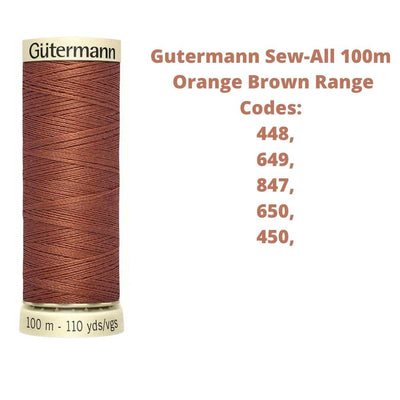 A reel of Gutermann sew-all thread with the codes of all Gutermann orange/brown thread available in the listing