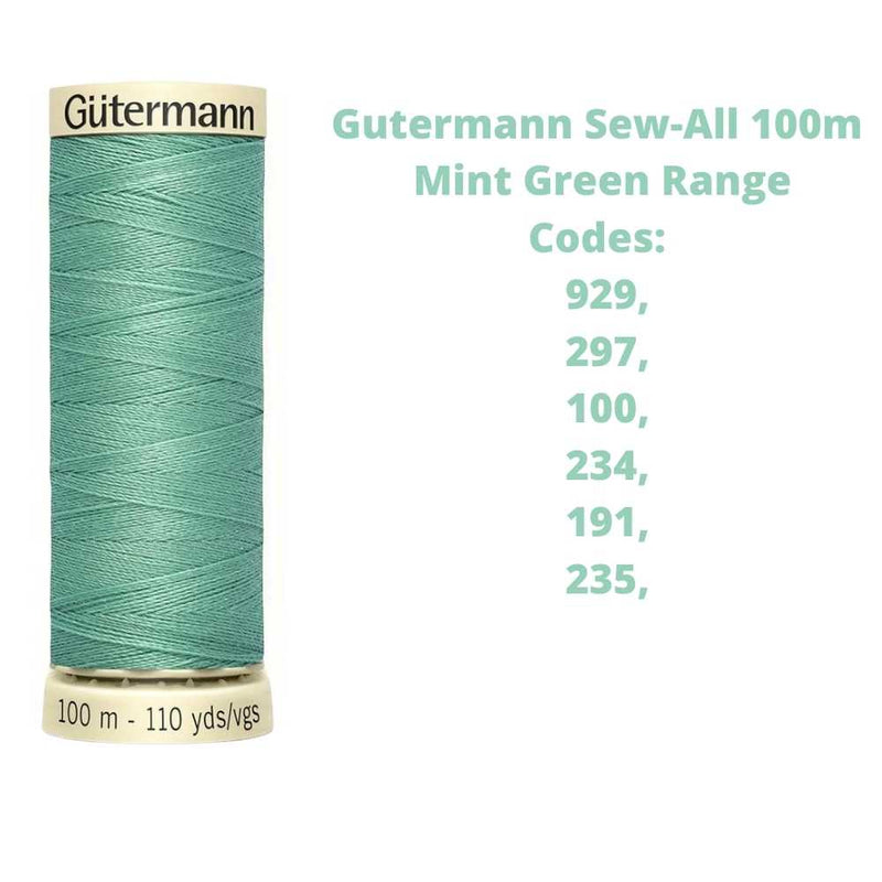 A reel of Gutermann sew-all thread with the codes of all Gutermann mint green thread available in the listing