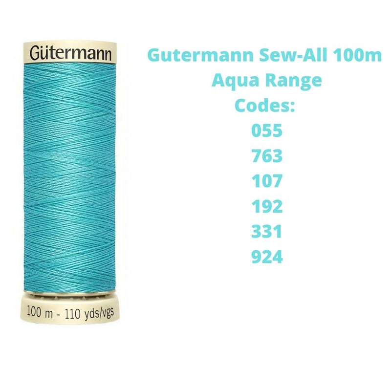 A reel of Gutermann sew-all thread with the codes of all Gutermann aqua thread available in the listing