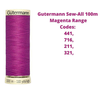 A reel of Gutermann sew-all thread with the codes of all Gutermann magenta thread available in the listing