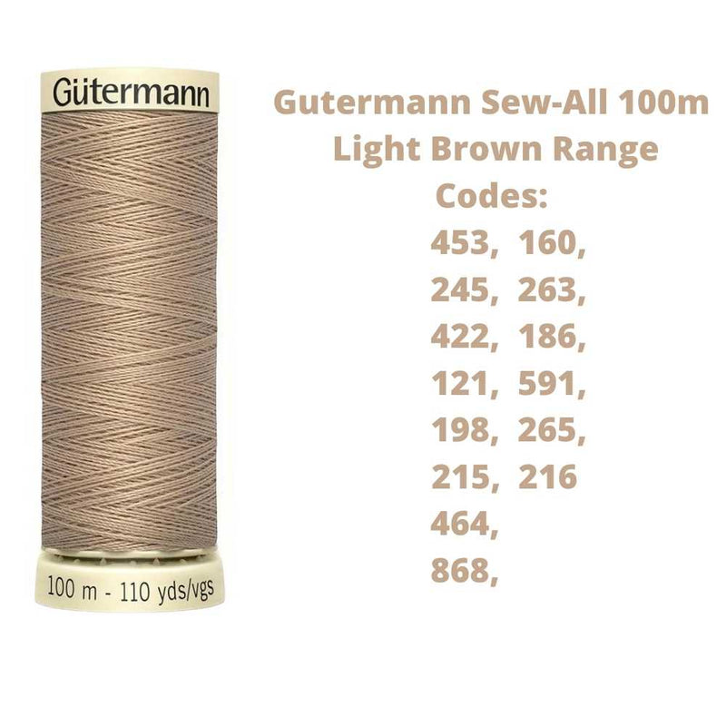 A reel of Gutermann sew-all thread with the codes of all Gutermann light brown thread available in the listing