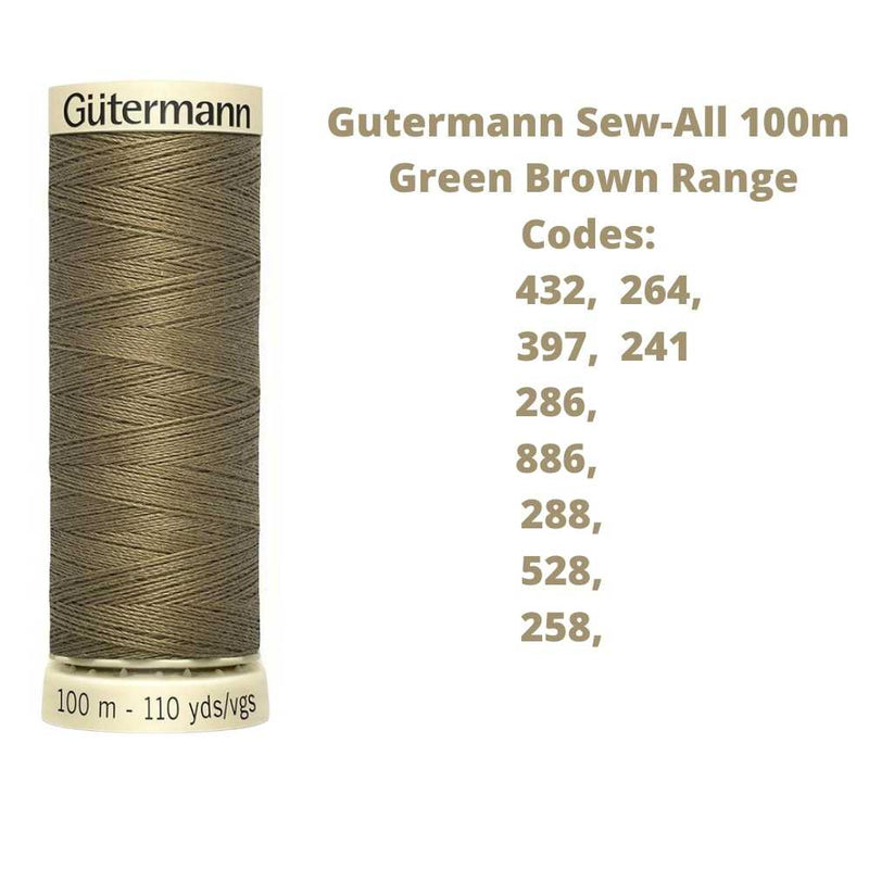 A reel of Gutermann sew-all thread with the codes of all Gutermann green/brown thread available in the listing