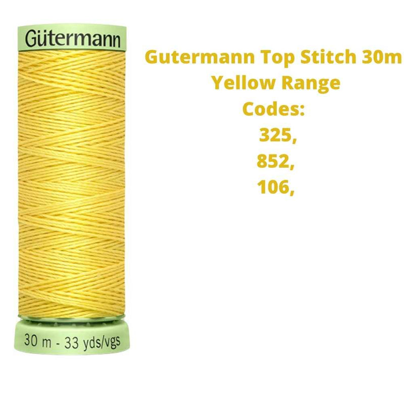 A reel of Gutermann top stitich thread with the codes of all Gutermann yellow thread available in the listing