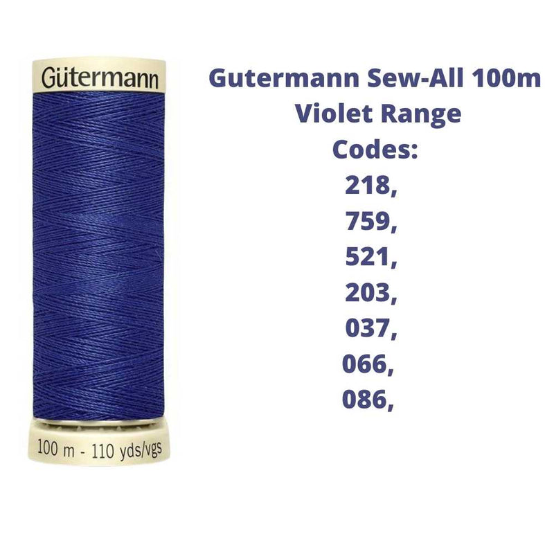 A reel of Gutermann sew-all thread with the codes of all Gutermann violet thread available in the listing
