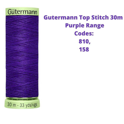 A reel of Gutermann top stitich thread with the codes of all Gutermann purple thread available in the listing