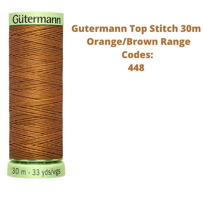 A reel of Gutermann top stitich thread with the codes of all Gutermann orange/brown thread available in the listing