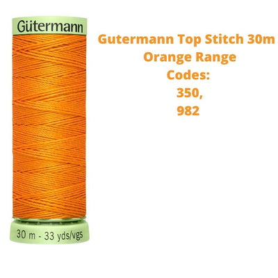A reel of Gutermann top stitich thread with the codes of all Gutermann orange thread available in the listing