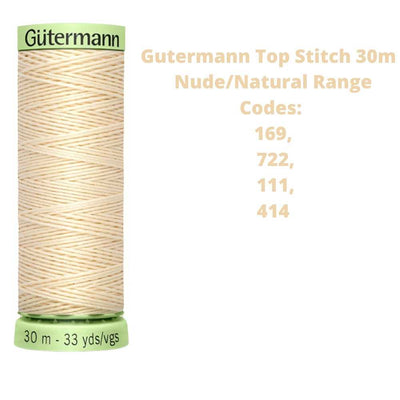 A reel of Gutermann top stitich thread with the codes of all Gutermann nude/natural thread available in the listing
