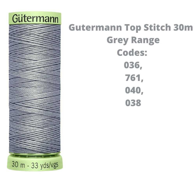A reel of Gutermann top stitich thread with the codes of all Gutermann grey thread available in the listing