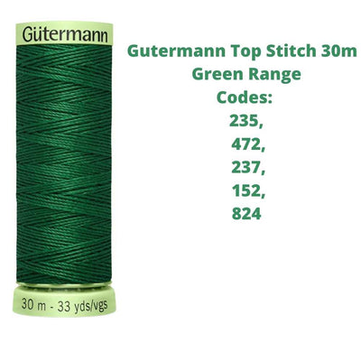 A reel of Gutermann top stitich thread with the codes of all Gutermann green thread available in the listing