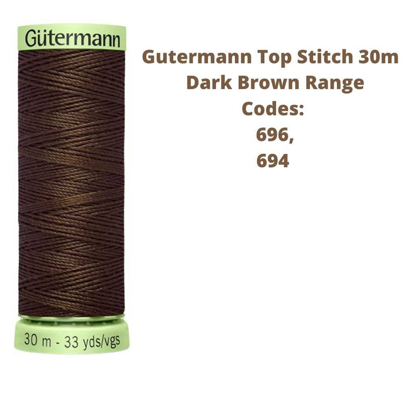 A reel of Gutermann top stitich thread with the codes of all Gutermann dark brown thread available in the listing