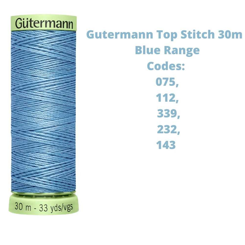 A reel of Gutermann top stitich thread with the codes of all Gutermann blue thread available in the listing