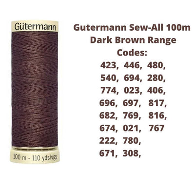 A reel of Gutermann sew-all thread with the codes of all Gutermann dark brown thread available in the listing