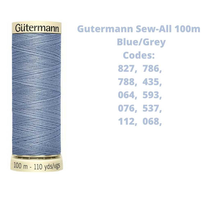 A reel of Gutermann sew-all thread with the codes of all Gutermann blue grey thread available in the listing