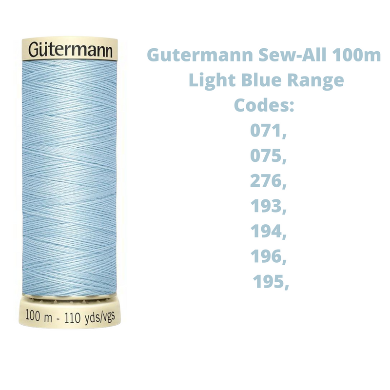 A reel of Gutermann sew-all thread with the codes of all Gutermann light blue thread available in the listing