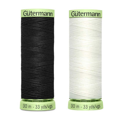 A reel of Gutermann top stitich thread with the codes of all Gutermann black or white thread available in the listing
