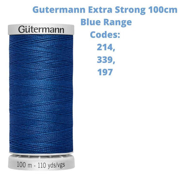 A reel of Gutermann Extra Strong thread with the codes of all Gutermann blue thread available in the listing