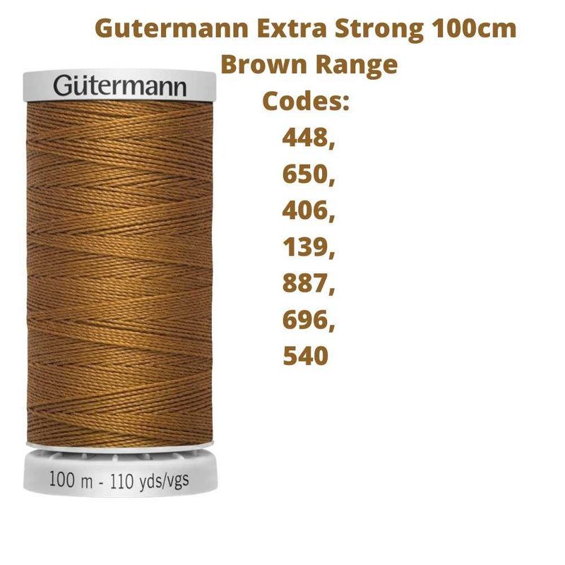 A reel of Gutermann Extra Strong thread with the codes of all Gutermann brown thread available in the listing
