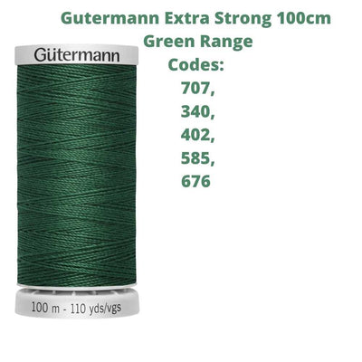 A reel of Gutermann Extra Strong thread with the codes of all Gutermann green thread available in the listing