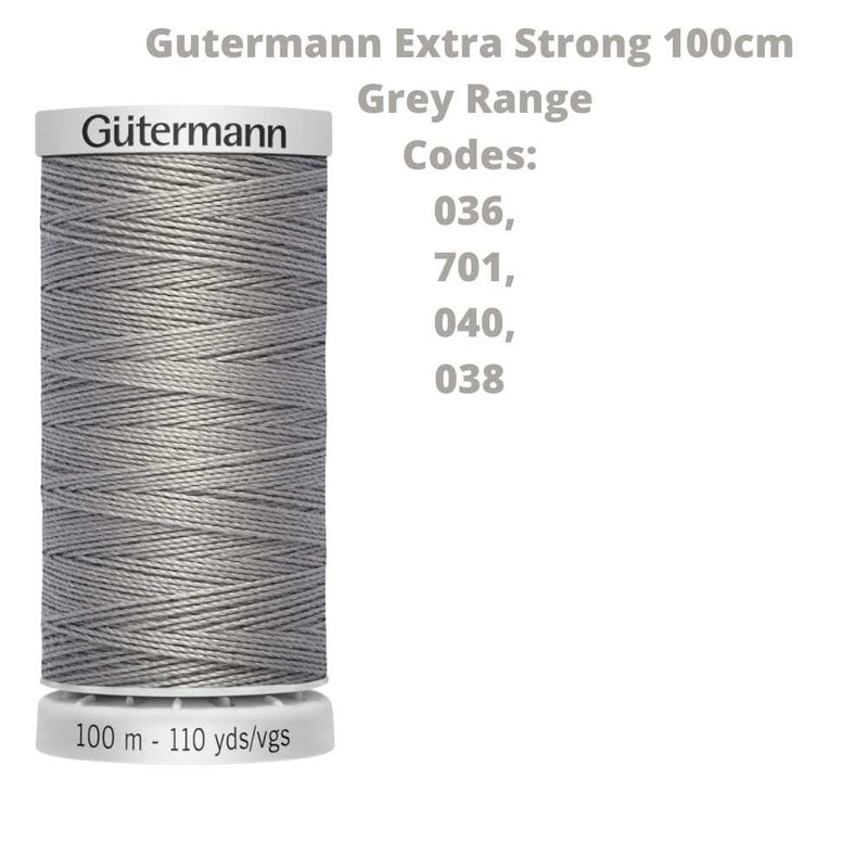 A reel of Gutermann Extra Strong thread with the codes of all Gutermann grey thread available in the listing