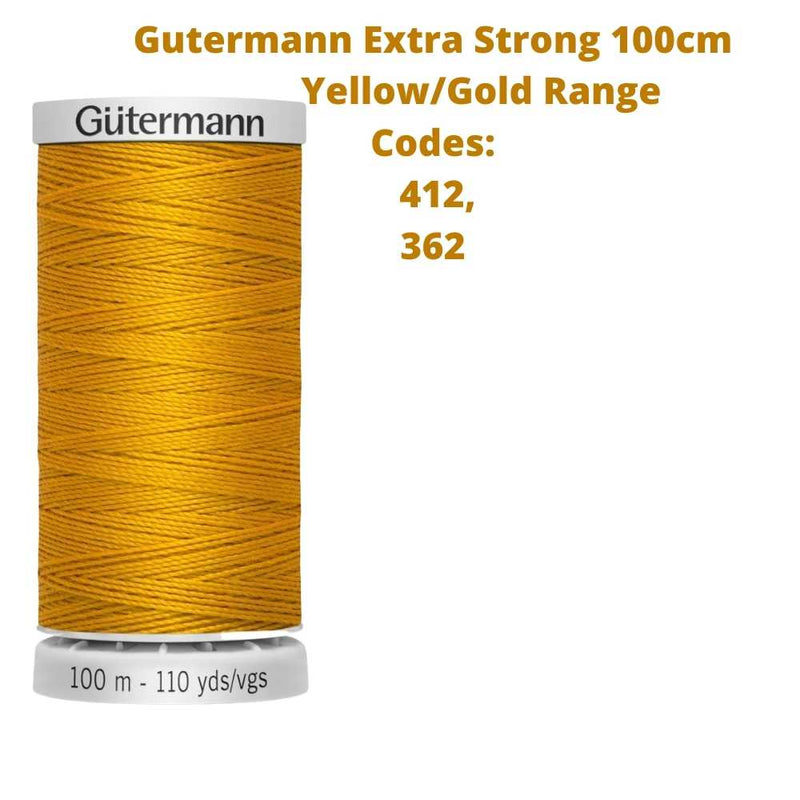 A reel of Gutermann Extra Strong thread with the codes of all Gutermann yellow/gold thread available in the listing