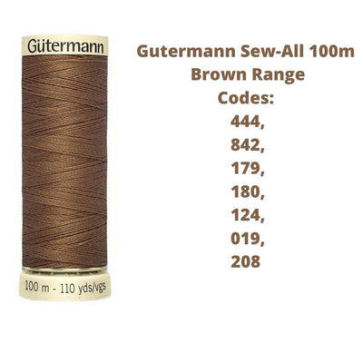 A reel of Gutermann sew-all thread with the codes of all Gutermann  brown thread available in the listing