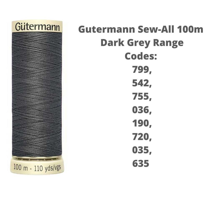 A reel of Gutermann sew-all thread with the codes of all Gutermann grey thread available in the listing