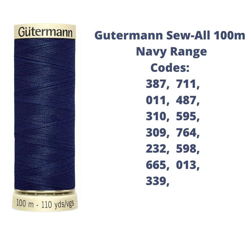A reel of Gutermann sew-all thread with the codes of all Gutermann navy thread available in the listing