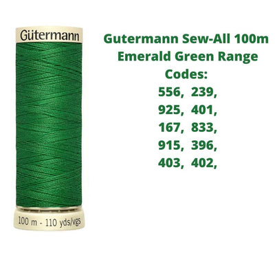 A reel of Gutermann sew-all thread with the codes of all Gutermann emerald green thread available in the listing