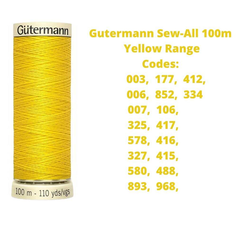 A reel of Gutermann sew-all thread with the codes of all Gutermann yellow thread available in the listing