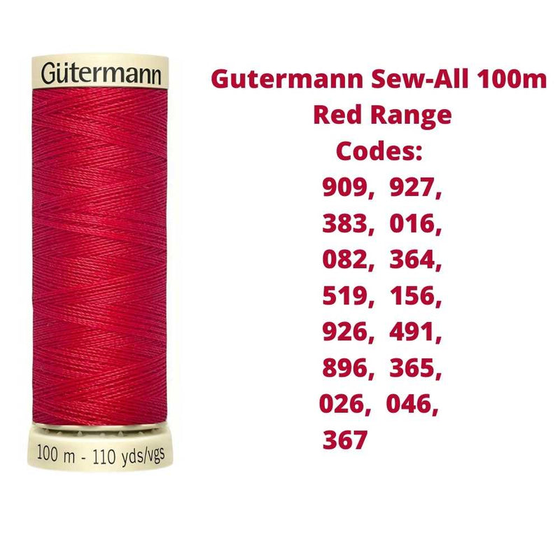 A reel of Gutermann sew-all thread with the codes of all Gutermann red thread available in the listing