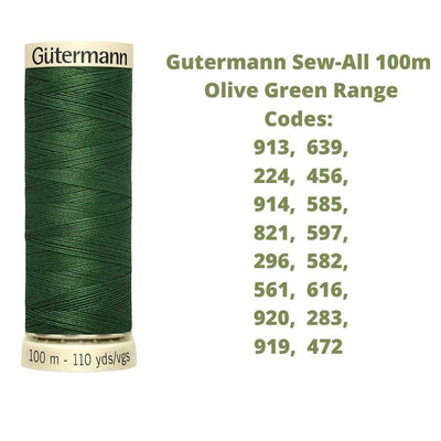A reel of Gutermann sew-all thread with the codes of all Gutermann olive green thread available in the listing