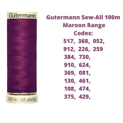 A reel of Gutermann sew-all thread with the codes of all Gutermann maroon thread available in the listing