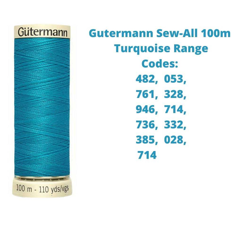 A reel of Gutermann sew-all thread with the codes of all Gutermann turquoise thread available in the listing