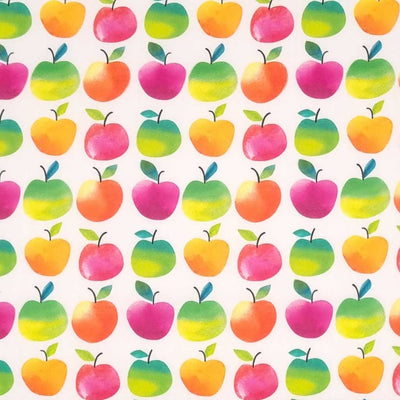 Bright colourful apples are digitally printed on a quality white 100% cotton fabric.