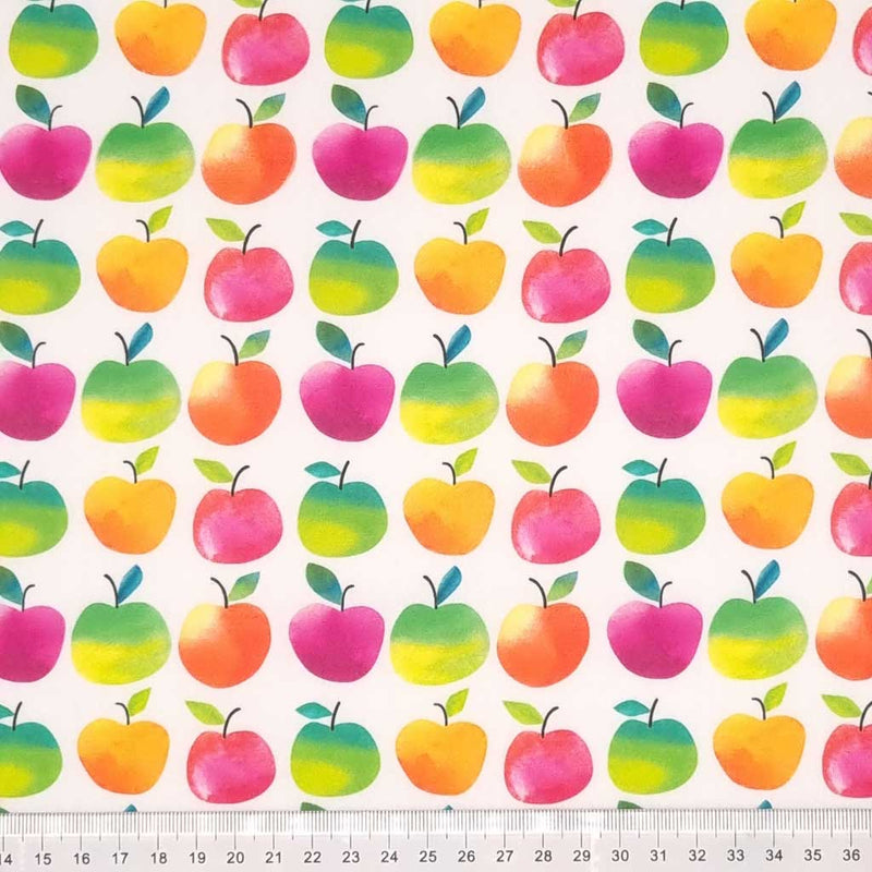 Bright colourful apples are digitally printed on a quality white 100% cotton fabric with a cm ruler