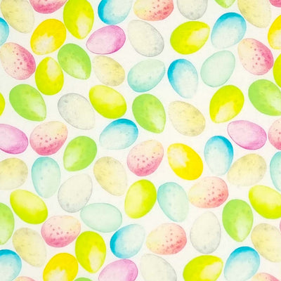 Colourful easter eggs in pinks, blue and green are printed on a quality white 100% cotton fabric.