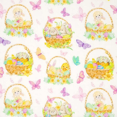 Rabbits, lambs and chicks in easter baskets are printed on a white cotton fabric