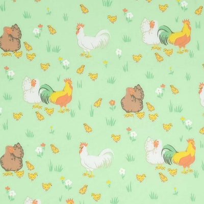 Rooster, hens and chicks complete the chicken family in this classic spring time design. Printed on a pastel green quality polycotton fabric