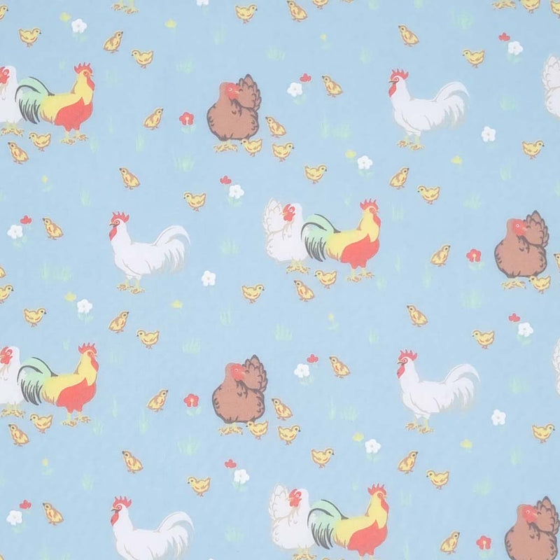 Rooster, hens and chicks complete the chicken family in this classic spring time design. Printed on a pastel sky blue, quality polycotton fabric