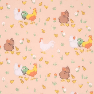 Rooster, hens and chicks complete the chicken family in this classic spring time design. Printed on a pastel peach, quality polycotton fabric