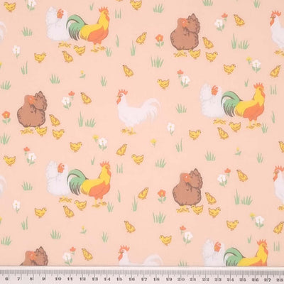 Rooster, hens and chicks complete the chicken family in this classic spring time design. Printed on a pastel peach, quality polycotton fabric with a cm ruler